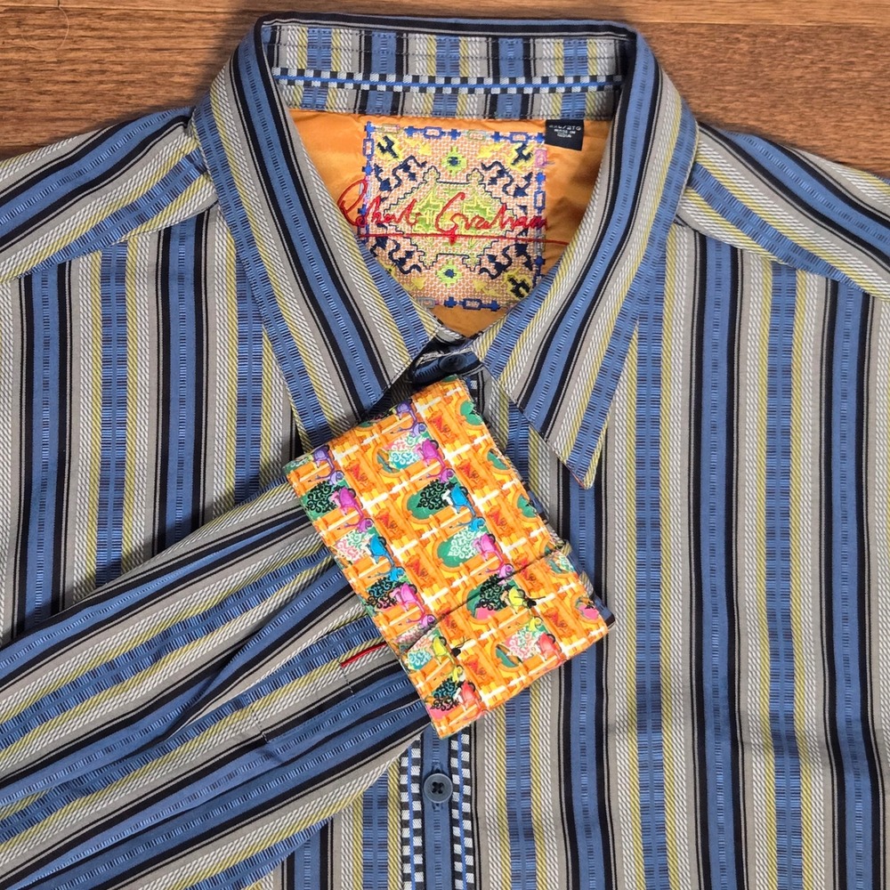 Robert Graham 2XL Blue Striped Flip Cuff Long Sleeve Button Down Shirt vespa